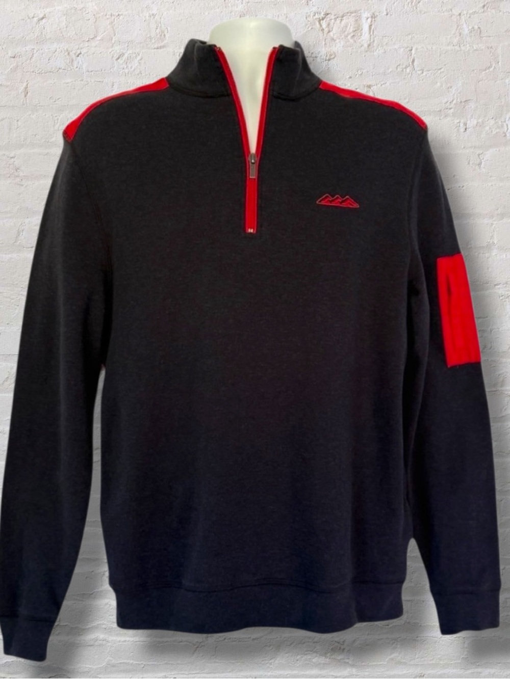 Bugatchi Uomo 1/4 Zip Pullover Sweater Black Red Embroidered Logo Men’s Medium